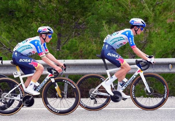 Belgian Remco Evenepoel and Italian Giovanni Aleotti of Red Bull-BORA-hansgrohe pictured in action during stage 3 of the 2026 Volta Comunitat Valenciana, Tour of Valencia cycling race, a race from Orihuela to San Vicente del Raspeig (158,2 km), on Friday 06 February 2026 in Spain. The race takes place from 4 to 8 February and runs through the three provinces of the Valencian Community. JOMAxGARCIA  x161525080x