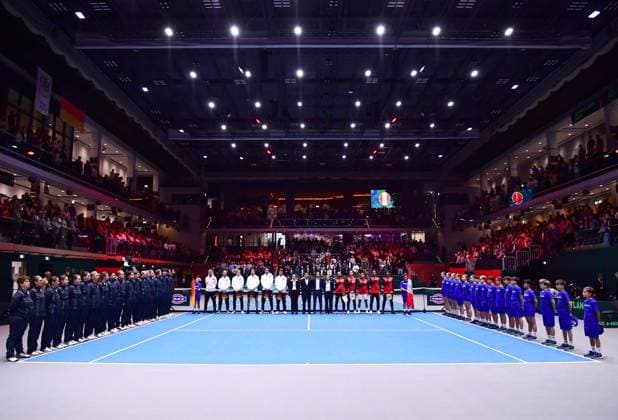 Tennis Davis Cup 2026: Deutschland - Peru am 06.02.2026 im Castello in Düsseldorf Die beiden Mannschaften bei der Vorstellung Nordrhein-Westfalen Deutschland