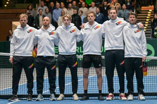 v. li. im Bild Kevin Krawietz (GER) Tim Pütz (GER) Justin Engel (GER) Yannick Hanfmann (GER) Jan-Lennard Struff (GER) Michael Kohlmann, Coach Käpitän (GER) 06.02.2026 Tennis Davis Cup Qualifiers 2026 Deutschland vs Peru , Castello, Duesseldorf,