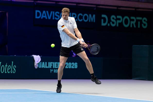 Davis Cup: Deutschland - Peru, 06.02.2026 Yannick Hanfmann (GER) während des Davis Cup Davis Cup: Deutschland - Peru im CASTELLO am February 6, 2026 in Duesseldorf, Germany. Copyright: xBEAUTIFULxSPORTS KennyxBeelex