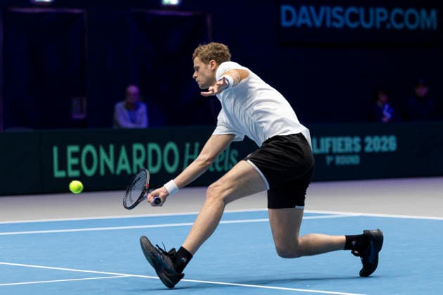 Davis Cup: Deutschland - Peru, 06.02.2026 Yannick Hanfmann (GER) während des Davis Cup Davis Cup: Deutschland - Peru im CASTELLO am February 6, 2026 in Duesseldorf, Germany. Copyright: xBEAUTIFULxSPORTS KennyxBeelex