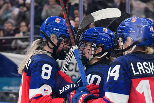 L-R Tereza Pistekova, Denisa Krizova and Dominika Laskova (all CZE) celebrate the third goal in women s Ice hockey, Eishockey match of Group A: Czechia vs Switzerland, at the Milano Cortina 2026 Winter Olympic Games, Olympische Spiele, Olympia, OS in Milan, Italy, on February 6, 2026. (CTKxPhoto MichalxKamaryt) CTKPhotoP2026020607687  CTKPhotoP2026020607687
