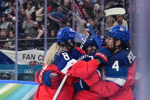 L-R Tereza Pistekova, Denisa Krizova and Dominika Laskova (all CZE) celebrate the third goal in women s Ice hockey, Eishockey match of Group A: Czechia vs Switzerland, at the Milano Cortina 2026 Winter Olympic Games, Olympische Spiele, Olympia, OS in Milan, Italy, on February 6, 2026. (CTKxPhoto MichalxKamaryt) CTKPhotoP2026020607724  CTKPhotoP2026020607724