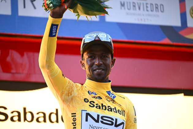 Tour of Valencia 2026 Stage 3 SAN VINCENT DEL RASPEIG, SPAIN - FEBRUARY 06 : Girmay Biniam (ERI) of NSN Cycling Team pictured with the yellow jersey during the podium ceremony of stage 3 of the 77th edition of Volta a la Comunitat Valenciana an UCI ProSeries 2.Pro cycling road race stage for Men Elite of 158.2 km with start in Orihuela and finish in San Vincent Del Raspeig on February 6, 2026 in San Vincent Del Raspeig, Spain, 06 02 2026 San Vincent Del Raspeig Spain  Copyright: xVincentxKalutx