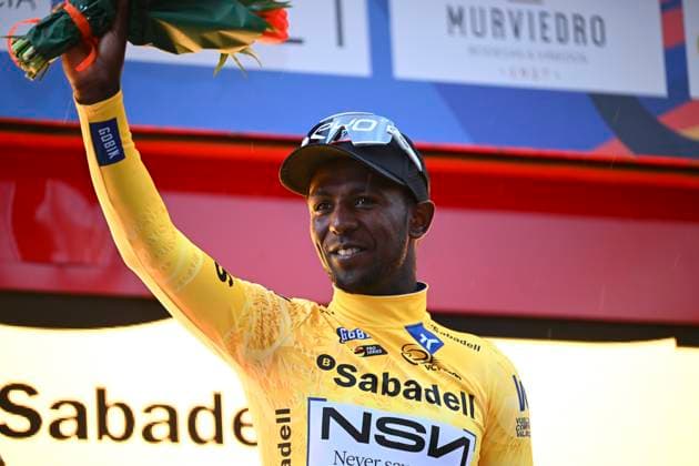 Tour of Valencia 2026 Stage 3 SAN VINCENT DEL RASPEIG, SPAIN - FEBRUARY 06 : Girmay Biniam (ERI) of NSN Cycling Team pictured with the yellow jersey during the podium ceremony of stage 3 of the 77th edition of Volta a la Comunitat Valenciana an UCI ProSeries 2.Pro cycling road race stage for Men Elite of 158.2 km with start in Orihuela and finish in San Vincent Del Raspeig on February 6, 2026 in San Vincent Del Raspeig, Spain, 06 02 2026 San Vincent Del Raspeig Spain  Copyright: xVincentxKalutx