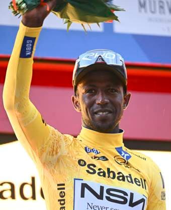 Tour of Valencia 2026 Stage 3 SAN VINCENT DEL RASPEIG, SPAIN - FEBRUARY 06 : Girmay Biniam (ERI) of NSN Cycling Team pictured with the yellow jersey during the podium ceremony of stage 3 of the 77th edition of Volta a la Comunitat Valenciana an UCI ProSeries 2.Pro cycling road race stage for Men Elite of 158.2 km with start in Orihuela and finish in San Vincent Del Raspeig on February 6, 2026 in San Vincent Del Raspeig, Spain, 06 02 2026 San Vincent Del Raspeig Spain  Copyright: xVincentxKalutx