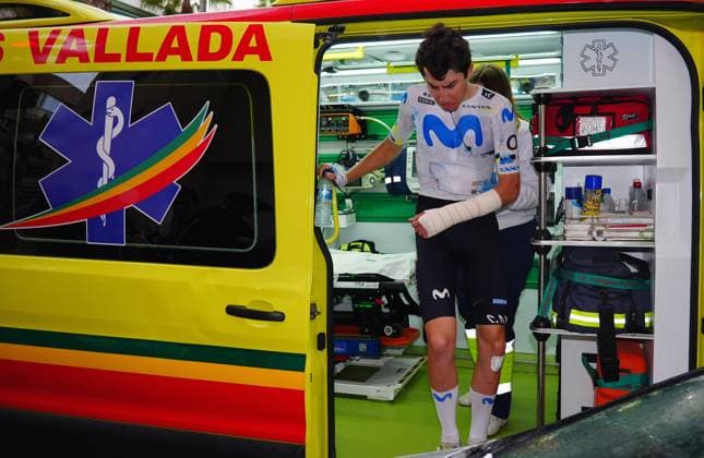 Belgian Cian Uijtdebroeks of Movistar Team is injured at stage 3 of the 2026 Volta Comunitat Valenciana, Tour of Valencia cycling race, a race from Orihuela to San Vicente del Raspeig (158,2 km), on Friday 06 February 2026 in Spain. The race takes place from 4 to 8 February and runs through the three provinces of the Valencian Community. JOMAxGARCIA  x161534537x