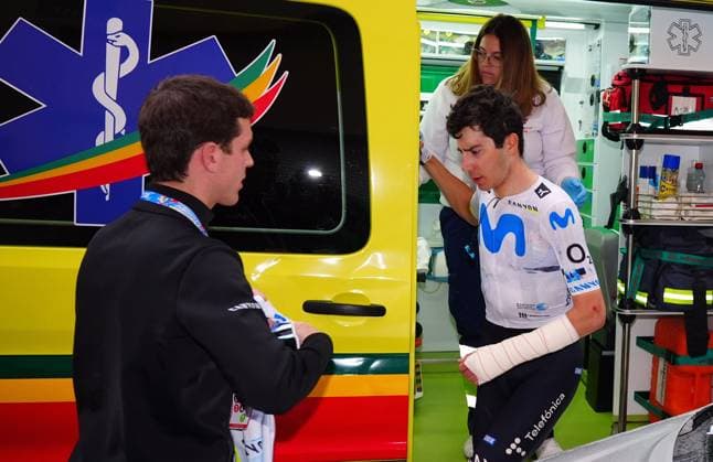 Belgian Cian Uijtdebroeks of Movistar Team is injured at stage 3 of the 2026 Volta Comunitat Valenciana, Tour of Valencia cycling race, a race from Orihuela to San Vicente del Raspeig (158,2 km), on Friday 06 February 2026 in Spain. The race takes place from 4 to 8 February and runs through the three provinces of the Valencian Community. JOMAxGARCIA  x161534562x
