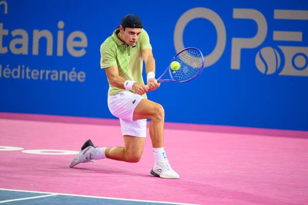 February 6, 2026, Perols, Montpellier, Occitanie, France: Arthur Gea of France delivers a back hand shot during his match against Adrian Mannarino of France at Open Occitanie on February 6, 2026, at Sud de France Arena in Montpellier, France. Perols, Montpellier France - ZUMAc313 20260206_zsp_c313_006 Copyright: xFaresxChafaix
