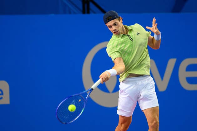 February 6, 2026, Perols, Montpellier, Occitanie, France: Arthur Gea of France delivers a right hand shot during his match against Adrian Mannarino of France at Open Occitanie on February 6, 2026, at Sud de France Arena in Montpellier, France. Perols, Montpellier France - ZUMAc313 20260206_zsp_c313_015 Copyright: xFaresxChafaix