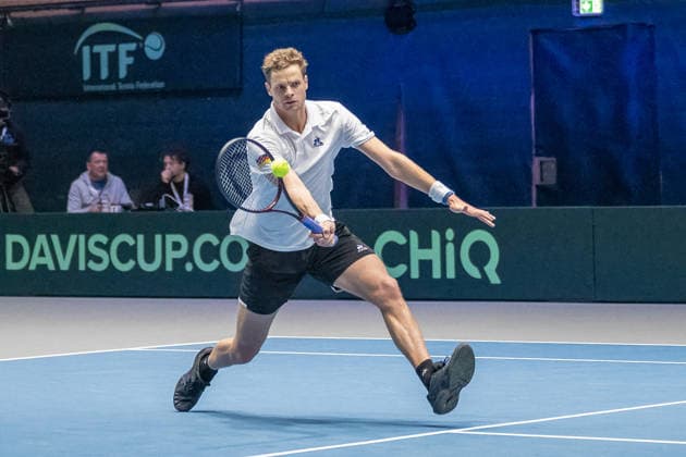 Yannick Hanfmann (Team Deutschland) beim Return. Deutschland vs. Peru, Tennis, Davis-Cup, 01. Runde, 06. und 07.02.2026 Deutschland vs. Peru, Tennis, Davis-Cup, 01. Runde, 06. und 07.02.2026 Duesseldorf Copyright: xEibner-Pressefoto ThomasxHaeslerx EP_THR