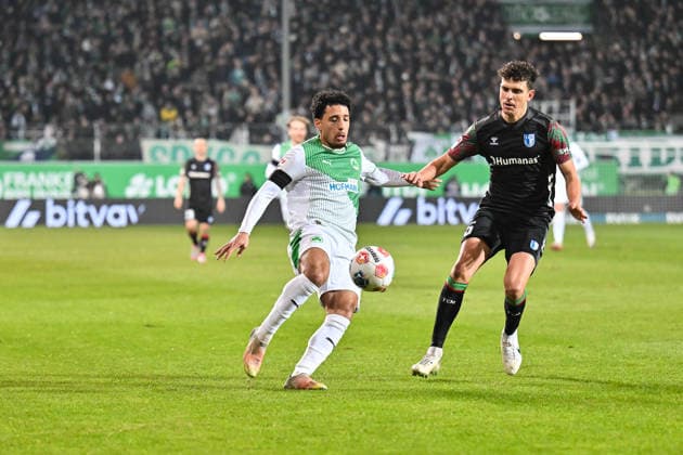 2. Bundesliga; SpVgg Greuther Fürth - 1. FC Magdeburg; 06.02.2026 FUERTH, GERMANY - 06. FEBRUARY: Im Duell Sayfallah LTAIEF (SpVgg Greuther Fürth 47) und Tobias MÜLLER (1. FC Magdeburg 5) während dem Match zwischen der SpVgg Greuther Fürth und dem 1. FC Magdeburg am 21. Spieltag der 2. Bundesliga im Sportpark Ronhof Thomas Sommer