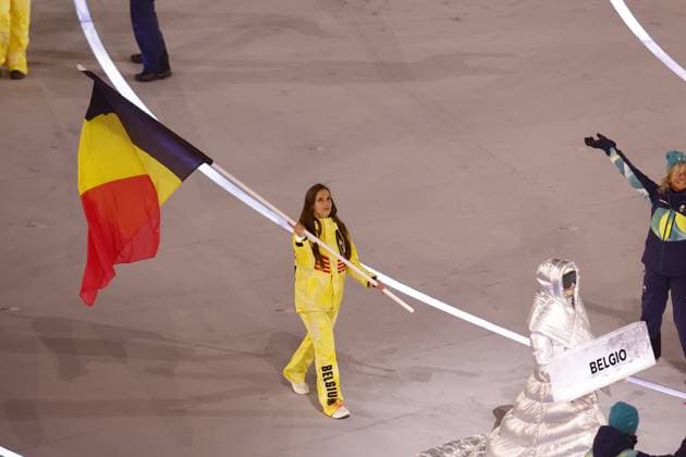 MILAN , 06-02-2026 , Milano San Siro Olympic Stadium , Olympic Winter games, Winterspiele,Spiele, Summer games 2026 Milano , Opening ceremony , Picture shows , Team Belgium with Hanne Desmet carry the flag Olympic Winter Games 2026 - Opening ceremony  x201347609x Copyright: