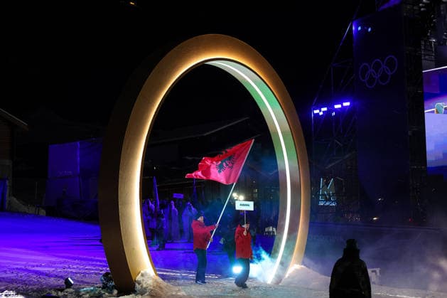 Athletes of Albania during the Opening Ceremony of the Olympic Winter games, Winterspiele,Spiele, Summer games Milano-Cortina 2026 on February 06, 2026 in Livigno, Italy  Copyright: xSergioxBisi IPAxSportx xipa-agency.netx xx IPA_71044244 IPA_Agency_IPA71044244