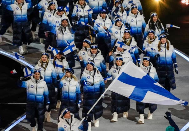 Athletes from Finland walk in the parade of athletes during the Opening Ceremony of the Milano Cortina 2026 Olympic Games, Olympische Spiele, Olympia, OS at San Siro Stadium in Milan, Italy, on Friday, February 6, 2026. More than 2,900 athletes from 92 national Olympic committees will compete, with the United States having the largest presence with more than 230 athletes.  OLY20260206135 RICHARDxELLIS