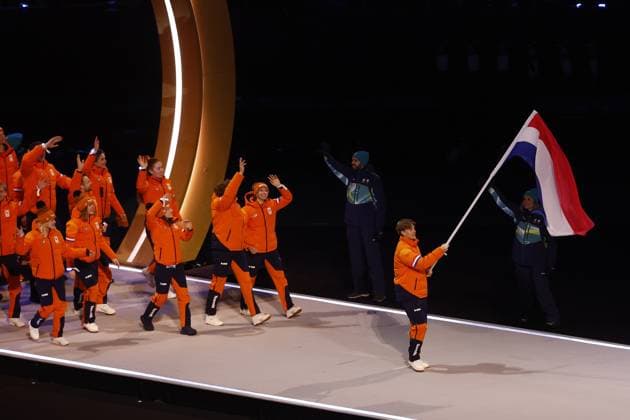MILAN , 06-02-2026 , Milano San Siro Olympic Stadium , Olympic Winter games, Winterspiele,Spiele, Summer games 2026 Milano , Opening ceremony , Picture shows , Team Netherlands with flag carrier Jens van t Wout Olympic Winter Games 2026 - Opening ceremony  x201348931x Copyright: