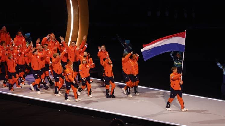 MILAN , 06-02-2026 , Milano San Siro Olympic Stadium , Olympic Winter games, Winterspiele,Spiele, Summer games 2026 Milano , Opening ceremony , Picture shows , Team Netherlands with flag carrier Jens van t Wout Olympic Winter Games 2026 - Opening ceremony  x201348946x Copyright: