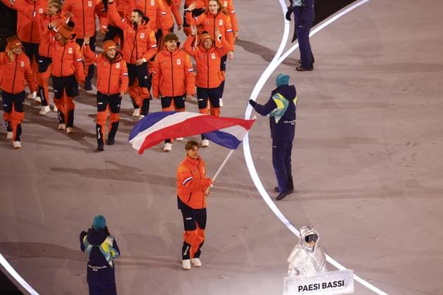 MILAN , 06-02-2026 , Milano San Siro Olympic Stadium , Olympic Winter games, Winterspiele,Spiele, Summer games 2026 Milano , Opening ceremony , Picture shows , Team Netherlands with flag carrier Jens van t Wout Olympic Winter Games 2026 - Opening ceremony  x201348980x Copyright: