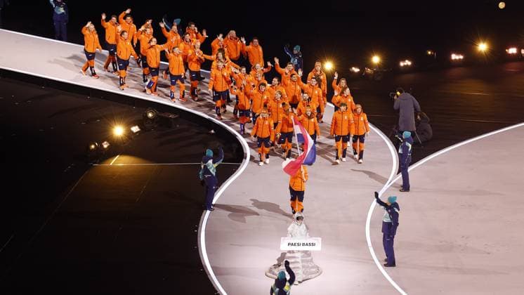 MILAN , 06-02-2026 , Milano San Siro Olympic Stadium , Olympic Winter games, Winterspiele,Spiele, Summer games 2026 Milano , Opening ceremony , Picture shows , Team Netherlands with flag carrier Jens van t Wout Olympic Winter Games 2026 - Opening ceremony  x201349013x Copyright: