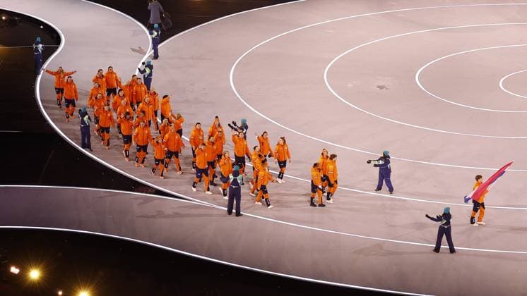 MILAN , 06-02-2026 , Milano San Siro Olympic Stadium , Olympic Winter games, Winterspiele,Spiele, Summer games 2026 Milano , Opening ceremony , Picture shows , Team Netherlands with flag carrier Jens van t Wout Olympic Winter Games 2026 - Opening ceremony  x201349080x Copyright:
