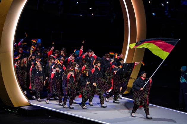ITALY, MILAN - FEBRUARY 6, 2026: Members of the Olympic team of Germany emerge during a ceremony to open the 2026 Winter Olympic Games, Olympische Spiele, Olympia, OS at San Siro Stadium. Peter Kovalev TASS  88300787