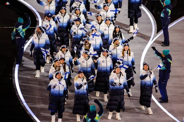 ITALY, MILAN - FEBRUARY 6, 2026: Members of the Olympic team of Finland emerge during a ceremony to open the 2026 Winter Olympic Games, Olympische Spiele, Olympia, OS at San Siro Stadium. Peter Kovalev TASS  88300915