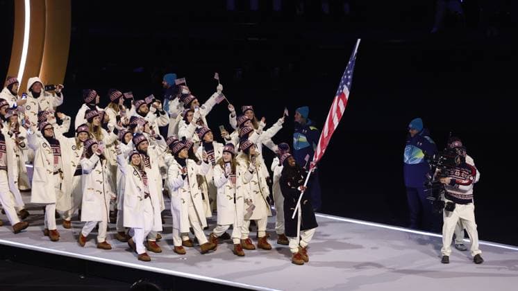 MILAN , 06-02-2026 , Milano San Siro Olympic Stadium , Olympic Winter games, Winterspiele,Spiele, Summer games 2026 Milano , Opening ceremony , Picture shows , Team USA with flag carrier Erin Jackson Olympic Winter Games 2026 - Opening ceremony  x201349659x Copyright: