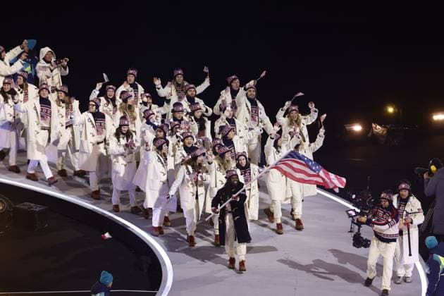 MILAN , 06-02-2026 , Milano San Siro Olympic Stadium , Olympic Winter games, Winterspiele,Spiele, Summer games 2026 Milano , Opening ceremony , Picture shows , Team USA with flag carrier Erin Jackson Olympic Winter Games 2026 - Opening ceremony  x201349715x Copyright: