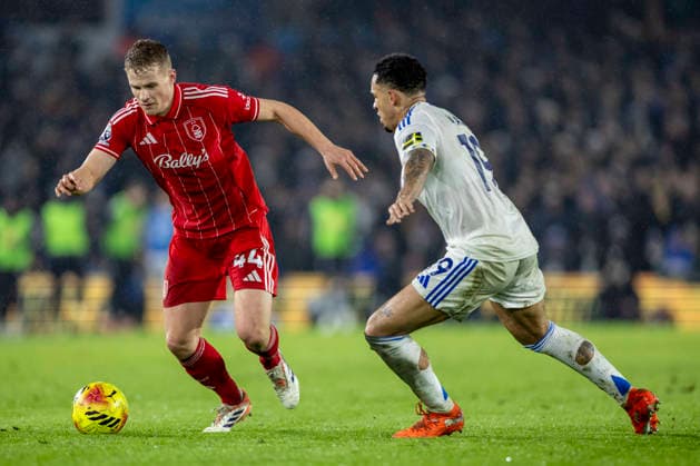 6th February 2026; Elland Road, Leeds, Yorkshire, England; Premier League Football, Leeds United versus Nottingham Forest; Zach Abbott of Nottingham Forest under pressure from Noah Okafor of Leeds United  TimxWilliams Content restricted for UK based newspaper