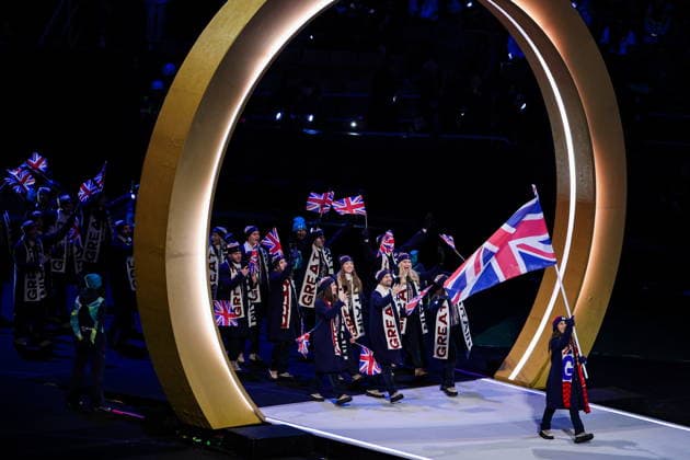 ITALY, MILAN - FEBRUARY 6, 2026: Members of the Olympic team of the United Kingdom emerge during a ceremony to open the 2026 Winter Olympic Games, Olympische Spiele, Olympia, OS at San Siro Stadium. Peter Kovalev TASS  88301287