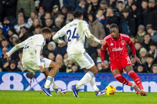 6th February 2026; Elland Road, Leeds, Yorkshire, England; Premier League Football, Leeds United versus Nottingham Forest; Callum Hudson-Odoi of Nottingham Forest under pressure from Jayden Bogle and James Justin of Leeds United  TimxWilliams Content restricted for UK based newspaper