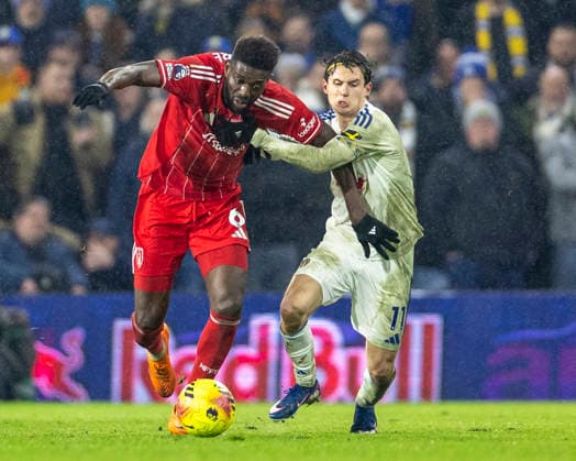 6th February 2026; Elland Road, Leeds, Yorkshire, England; Premier League Football, Leeds United versus Nottingham Forest; Ibrahim Sangare of Nottingham Forest under pressure from Brenden Aaronson of Leeds United  TimxWilliams Content restricted for UK based newspaper