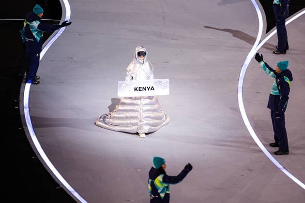 ITALY, MILAN - FEBRUARY 6, 2026: A member of the Olympic team of Kenya emerges during a ceremony to open the 2026 Winter Olympic Games, Olympische Spiele, Olympia, OS at San Siro Stadium. Peter Kovalev TASS  88301302