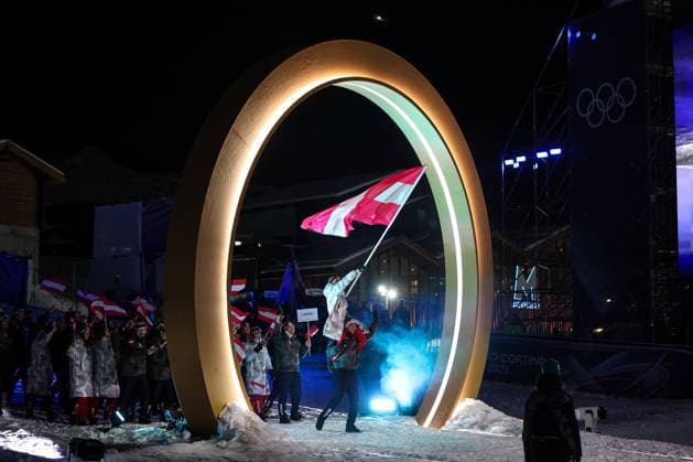 Parade of athletes of Austria during the Opening Ceremony of the Olympic Winter games, Winterspiele,Spiele, Summer games Milano-Cortina 2026 on February 06, 2026 in Livigno, Italy  Copyright: xSergioxBisi IPAxSportx xipa-agency.netx xx IPA_71046576 IPA_Agency_IPA71046576