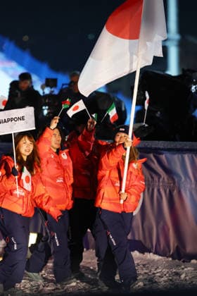 (L to R) Rise Kudo, Hiroto Ogiwara, Sena Tomita (JPN), FEBRUARY 6, 2026 : Milano Cortina 2026 Olympic Winter games, Winterspiele,Spiele, Summer games Opening Ceremony at Livigno Snow Park in Livigno, Italy.  aflo_318732940