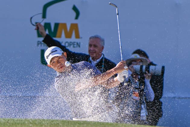 SCOTTSDALE, AZ - FEBRUARY 06: Collin Morikawa (USA) hits from the trap on 16 during the second round of the Waste Management Phoenix Open on February 6, 2026, at TPC Scottsdale, Scottsdale, Arizona. (Photo by Ken Murray Icon Sportswire) GOLF: FEB 06 PGA, Golf Herren WM Phoenix Open EDITORIAL USE ONLY Icon2602060092
