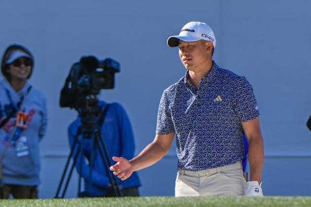 SCOTTSDALE, AZ - FEBRUARY 06: Collin Morikawa (USA) reacts to his shot from the trap on 16 during the second round of the Waste Management Phoenix Open on February 6, 2026, at TPC Scottsdale, Scottsdale, Arizona. (Photo by Ken Murray Icon Sportswire) GOLF: FEB 06 PGA, Golf Herren WM Phoenix Open EDITORIAL USE ONLY Icon2602060112