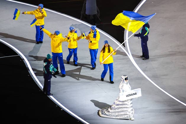 ITALY, MILAN - FEBRUARY 6, 2026: Members of the Olympic team of Ukraine emerge during a ceremony to open the 2026 Winter Olympic Games, Olympische Spiele, Olympia, OS at San Siro Stadium. Mikhail Tereshchenko TASS  88305098