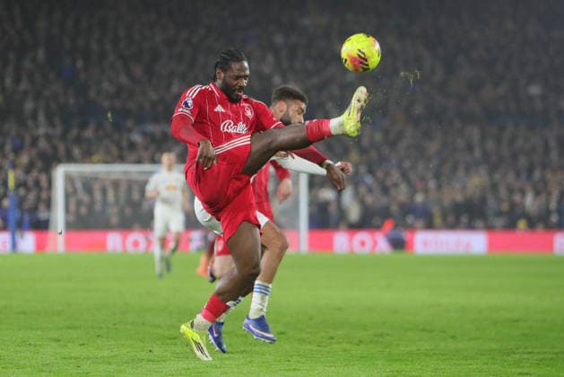Leeds United v Nottingham Forest, Premier League Ola Aina of Nottingham Forest and Jayden Bogle of Leeds United during the Premier League match between Leeds United and Nottingham Forest at Elland Road, Leeds, UK on 6 February 2026. Leeds Elland Road West Yorkshire UK Editorial use only DataCo restrictions apply See www.football-dataco.com , Copyright: xAlunxRobertsx PSI-23686-0088
