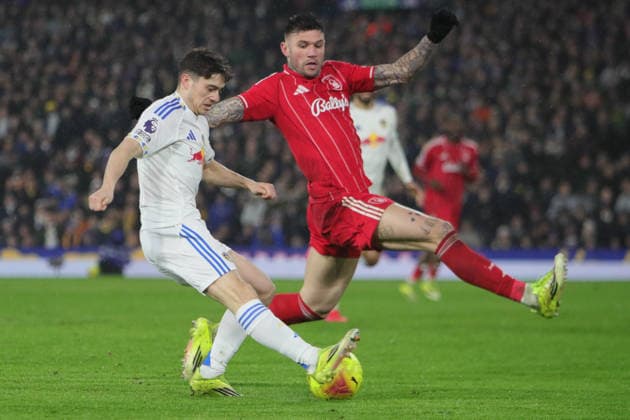 Leeds United v Nottingham Forest, Premier League Daniel James of Leeds United and Morato of Nottingham Forest during the Premier League match between Leeds United and Nottingham Forest at Elland Road, Leeds, UK on 6 February 2026. Leeds Elland Road West Yorkshire UK Editorial use only DataCo restrictions apply See www.football-dataco.com , Copyright: xAlunxRobertsx PSI-23686-0108