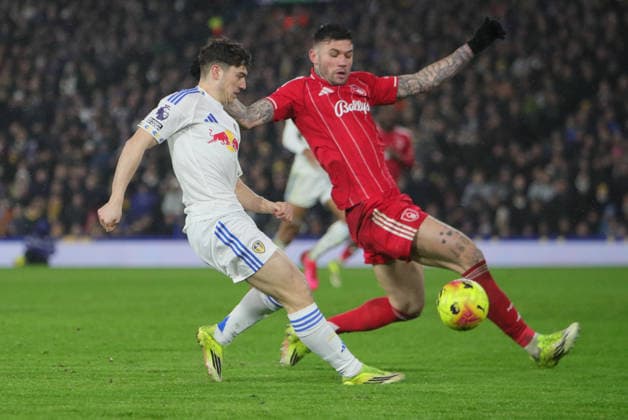 Leeds United v Nottingham Forest, Premier League Daniel James of Leeds United and Morato of Nottingham Forest during the Premier League match between Leeds United and Nottingham Forest at Elland Road, Leeds, UK on 6 February 2026. Leeds Elland Road West Yorkshire UK Editorial use only DataCo restrictions apply See www.football-dataco.com , Copyright: xAlunxRobertsx PSI-23686-0109