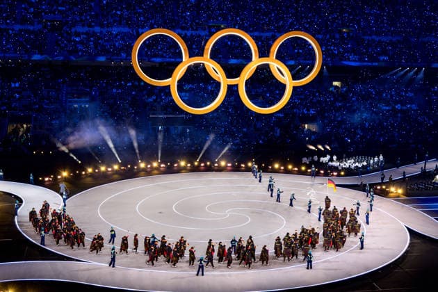 OLYMPICS - Winter Olympic Games, Olympische Spiele, Olympia, OS Milano Cortina 2026 MILAN,ITALY,06.FEB.26 - OLYMPICS - Winter Olympic Games Milano Cortina 2026, opening ceremony. Image shows the Olympic Rings and flagbearer Leon Draisaitl (GER).  GEPAxpictures xMatthiasxTrinkl