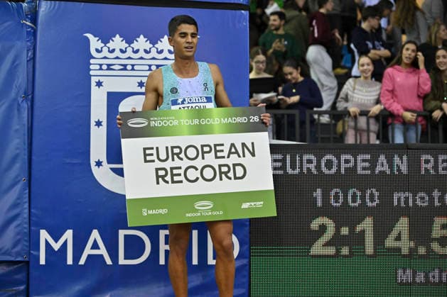 February 6, 2026, Madrid, Madrid, Spain: MOHAMED ATTAOUI (Spain) setting the European record in the men s 1,000m during the World Athletics Indoor Tour Gold Madrid 2026 at Polideportivo Gallur on February 06, 2026, in Madrid, Spain. Madrid Spain - ZUMAc312 20260206_zsp_c312_345 Copyright: xOscarxManuelxSanchezx