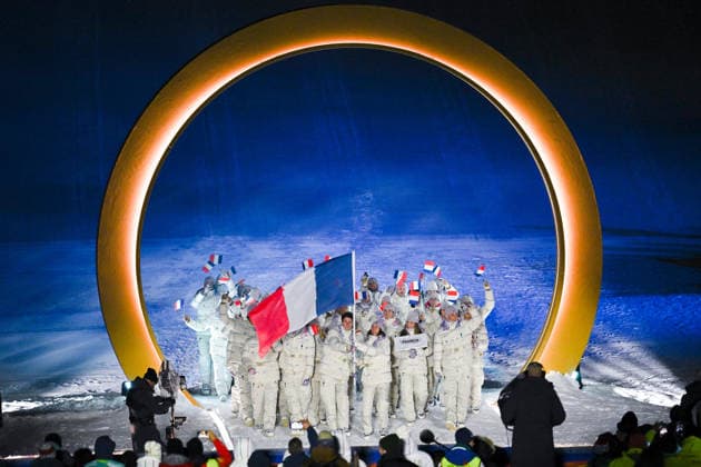 Winter Olympics - Flag Bearers At Opening Ceremony - Livigno French athletes walk in the parade of athletes during the Opening Ceremony of the Milano Cortina 2026 Olympic Games, Olympische Spiele, Olympia, OS on February 6, 2026 in Livigno, Italy. Photo by Laurent Zabulon ABACAPRESS.COM Livigno Italy  Copyright: xZabulonxLaurent ABACAx