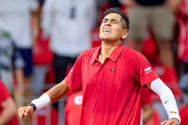 Tenis, Chile vs Serbia. Copa Davis 2026. El jugador de Chile Alejandro Tabilo celebra el triunfo frente a Ognen Milic de Serbia durante el partido de sinles de la Copa Davis valido por el Grupo Mundial, disputado en el Court Central Anita Lizana, Parque Estadio Nacional in Santiago, Chile de Santiago, Chile. 06 02 2026 Pepe Alvujar Photosport Tenis, Chile vs Serbia. Copa Davis 2026. Chilean player Alejandro Tabilo celebrates the victory against Ognen Milic of Serbia during the Davis Cup singles match valid for the World Group, played at the Anita Lizana Central Court Parque Estadio Nacional in Santiago, Chile. 06 02 2026 Pepe Alvujar Photosport Chile vs Serbia dia 1, Copa Davis 2026 