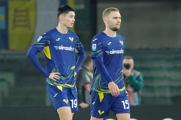 February 6, 2026, Verona, Italy: Tobias Slotsager of Hellas Verona FC and Victor Nelsson of Hellas Verona FC seen during the Italian Serie A soccer match Hellas Verona FC vs AC Pisa 1909 at Marcantonio Bentegodi Stadium..Final score Hellas Verona FC 0:0 AC Pisa 1909 Verona Italy - ZUMAs197 20260206_aaa_s197_413 Copyright: xEmanuelexPennacchiox