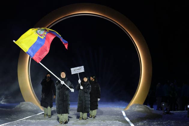 (260207) -- PREDAZZO, Feb. 7, 2026 -- The delegation of Ecuador parades into the Predazzo Ski jumping, Skispringen, Ski, nordisch Stadium during the opening ceremony of the Milan-Cortina 2026 Olympic Winter games, Winterspiele,Spiele, Summer games in Predazzo, Italy, Feb. 6, 2026. ) (MICO2026)ITALY-MILAN-CORTINA 2026-OLYMPIC WINTER GAMES-OPENING CEREMONY HuangxWei 
