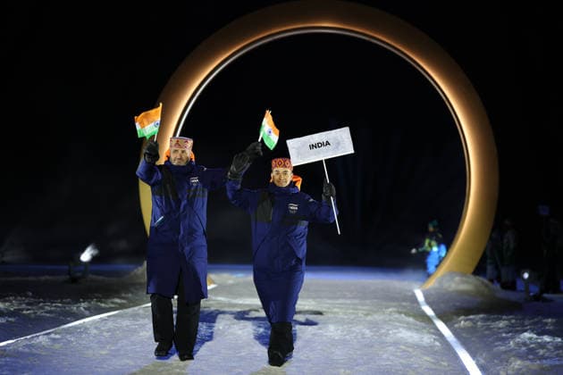 (260207) -- PREDAZZO, Feb. 7, 2026 -- The delegation of India parades into the Predazzo Ski jumping, Skispringen, Ski, nordisch Stadium during the opening ceremony of the Milan-Cortina 2026 Olympic Winter games, Winterspiele,Spiele, Summer games in Predazzo, Italy, Feb. 6, 2026. ) (MICO2026)ITALY-MILAN-CORTINA 2026-OLYMPIC WINTER GAMES-OPENING CEREMONY HuangxWei 