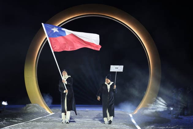 (260207) -- PREDAZZO, Feb. 7, 2026 -- The delegation of Chile parades into the Predazzo Ski jumping, Skispringen, Ski, nordisch Stadium during the opening ceremony of the Milan-Cortina 2026 Olympic Winter games, Winterspiele,Spiele, Summer games in Predazzo, Italy, Feb. 6, 2026. ) (MICO2026)ITALY-MILAN-CORTINA 2026-OLYMPIC WINTER GAMES-OPENING CEREMONY HuangxWei 