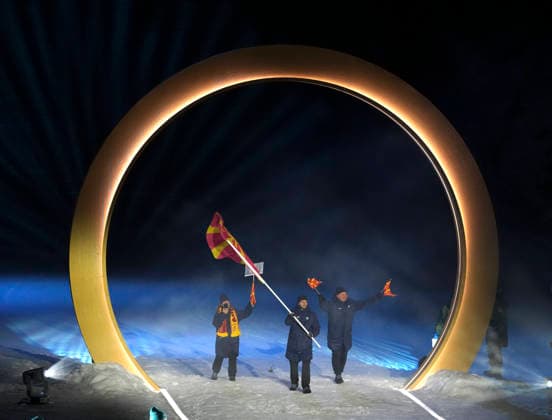 (260207) -- PREDAZZO, Feb. 7, 2026 -- The delegation of North Macedonia parades into the Predazzo Ski jumping, Skispringen, Ski, nordisch Stadium during the opening ceremony of the Milan-Cortina 2026 Olympic Winter games, Winterspiele,Spiele, Summer games in Predazzo, Italy, Feb. 6, 2026. ) (MICO2026)ITALY-MILAN-CORTINA 2026-OLYMPIC WINTER GAMES-OPENING CEREMONY MengxYongmin 